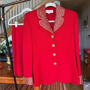 St. John Red Blazer with Gold Details & matching skirt